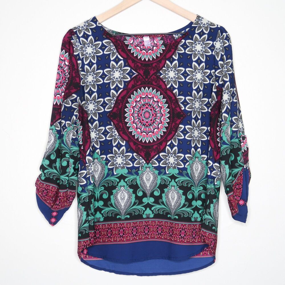 Alya Womens Blouse Medium Blue Purple Floral 3/4‎ Sleeve Peasantcore Boho Hippie